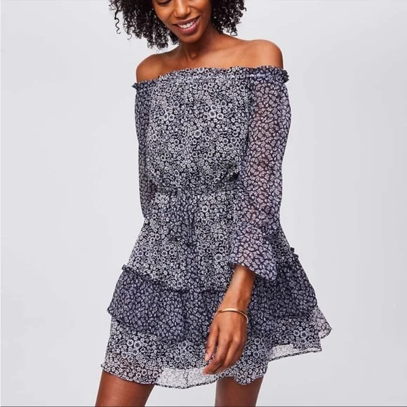 loft blue floral dress LOFT | Dresses | Loft Navy Blue Off The Shoulder Tiered Floral Dress Size  Small Tie Waist
